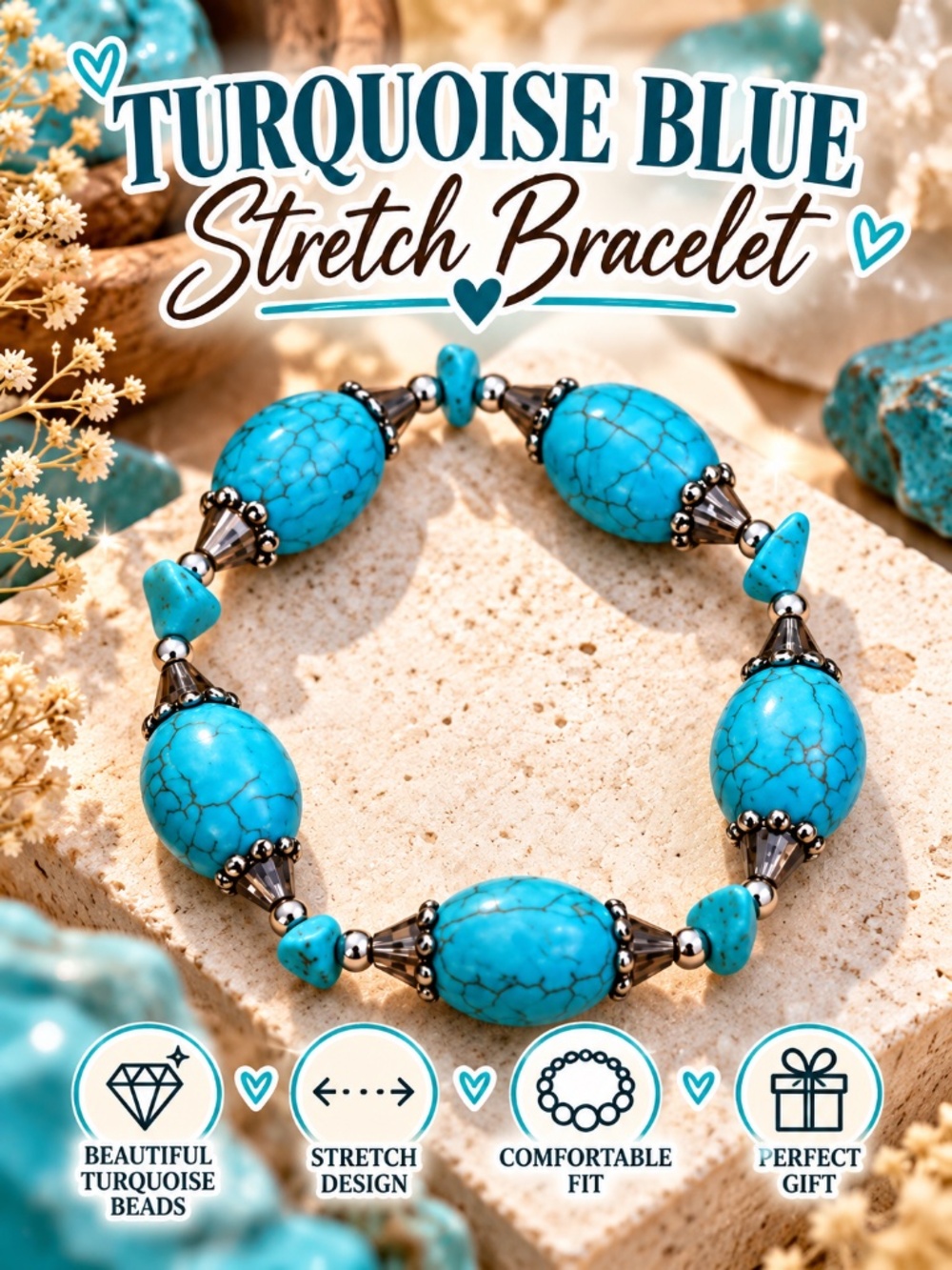 Turquoise Blue Statement Stretch Bracelet Silver Tone Boho Southwestern